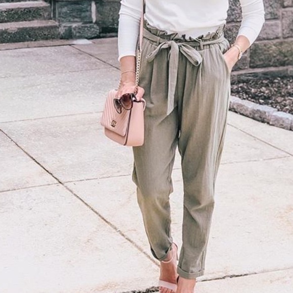 Olive Paperbag Pegged Trousers High Waist - Picture 3 of 4